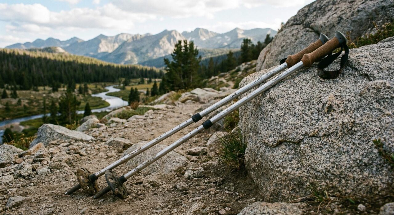 Hiking poles on rocky terrain.