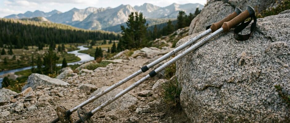 Hiking poles on rocky terrain.